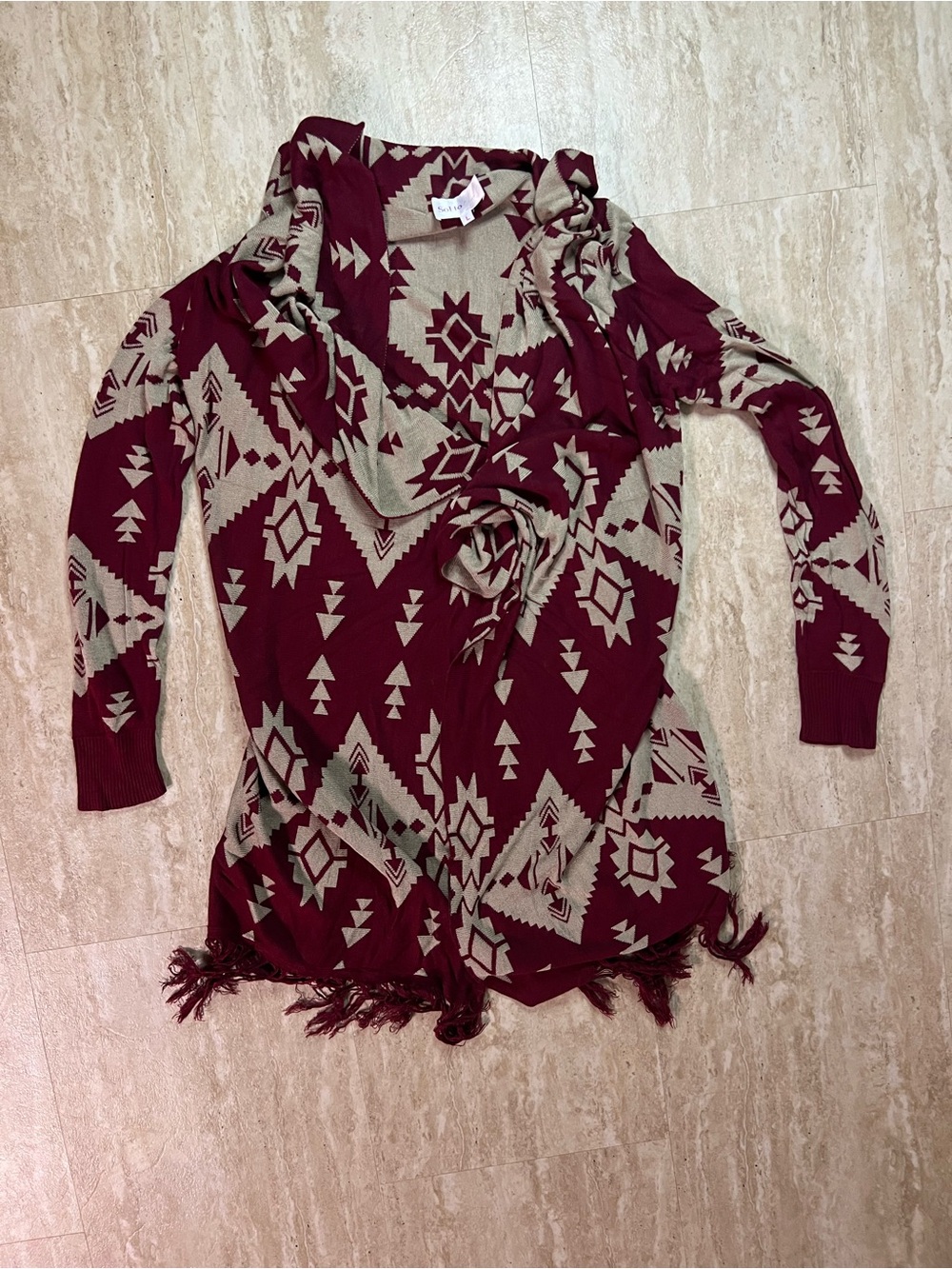 Burgundy and Cream Geometric Aztec Open-Front Sweater Cardigan Fringed Hem L